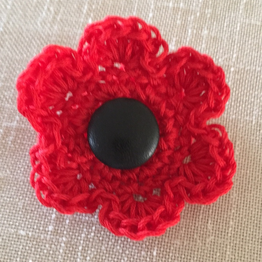 Hand Crafted Flower Lapel Pin Red Cotton Crochet Vintage Button